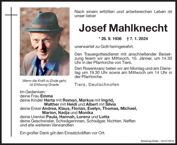 Traueranzeige von Josef Mahlknecht von Dolomiten