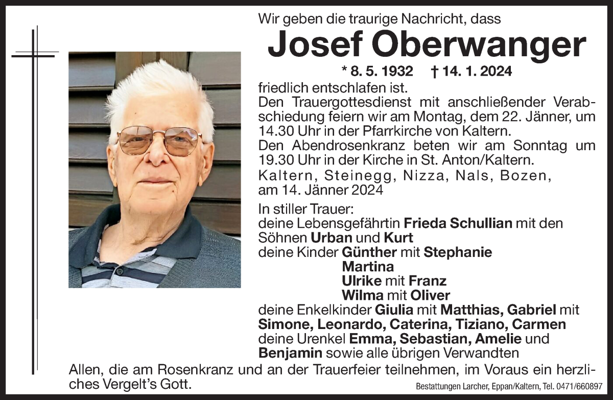  Traueranzeige für Josef Oberwanger vom 19.01.2024 aus Dolomiten
