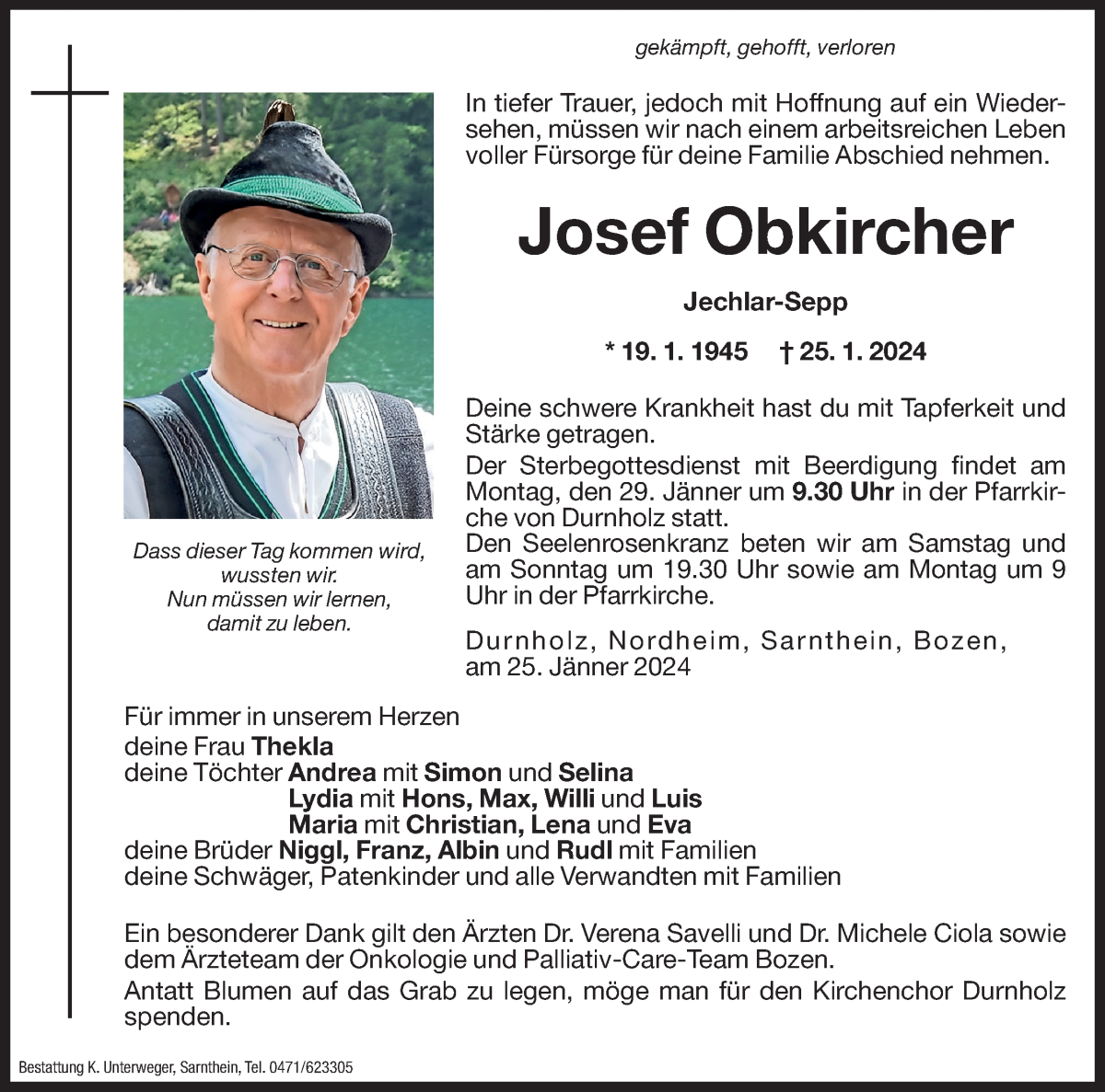 Traueranzeige für Josef Obkircher vom 27.01.2024 aus Dolomiten
