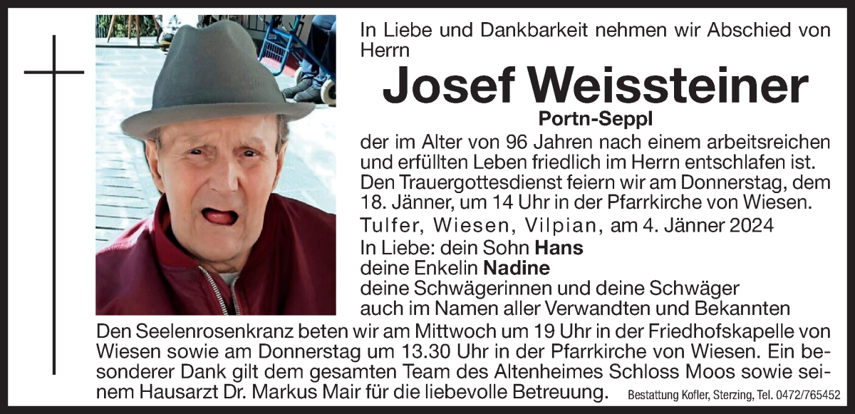  Traueranzeige für Josef Weissteiner vom 17.01.2024 aus Dolomiten