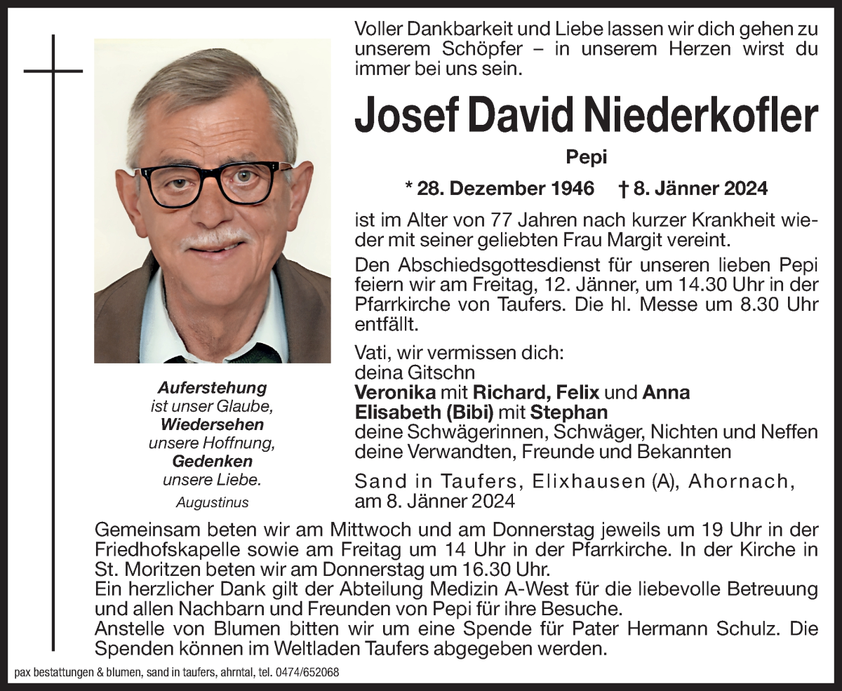  Traueranzeige für Josef David Niederkofler vom 10.01.2024 aus Dolomiten