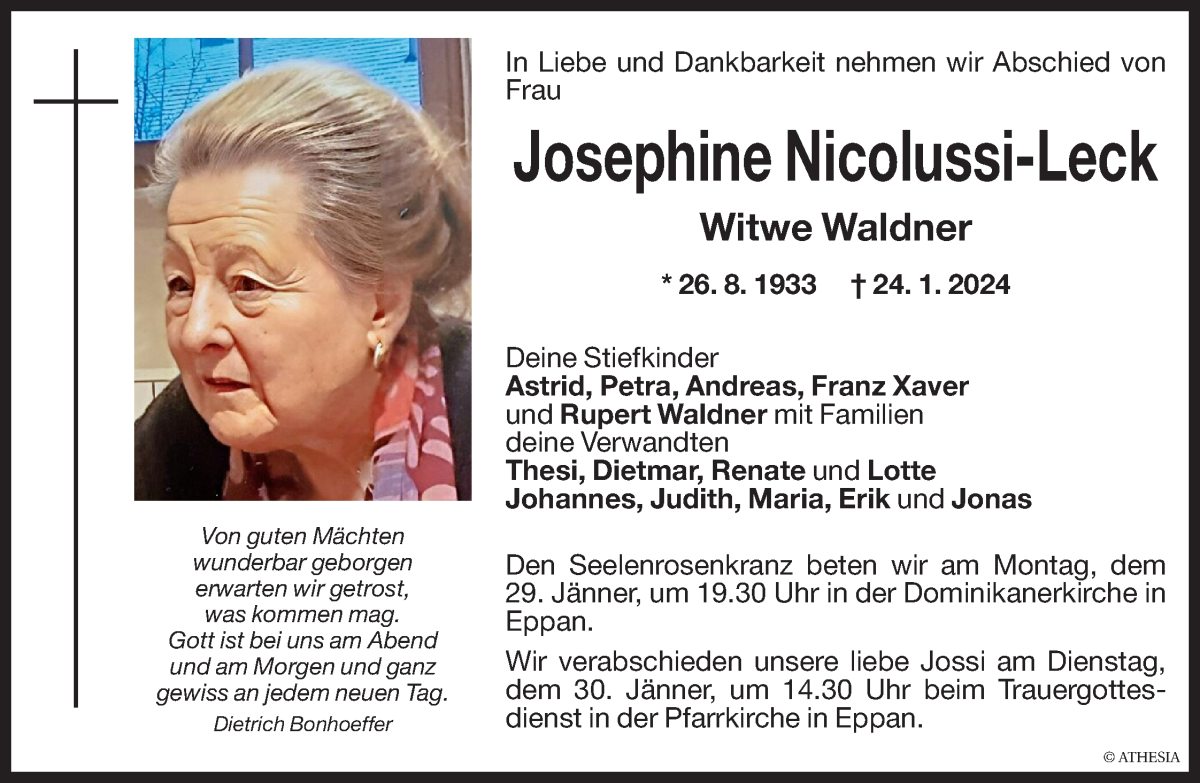  Traueranzeige für Josephine Waldner vom 29.01.2024 aus Dolomiten