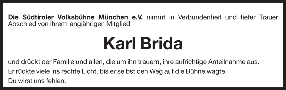  Traueranzeige für Karl Brida vom 26.01.2024 aus Dolomiten