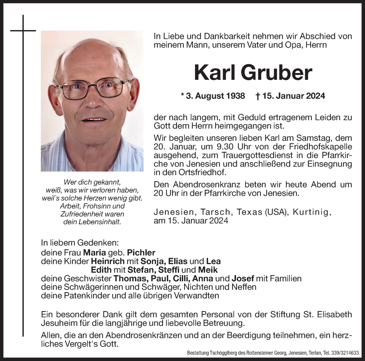  Traueranzeige für Karl Gruber vom 19.01.2024 aus Dolomiten
