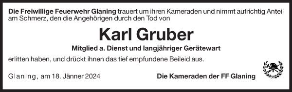 Traueranzeige von Karl Gruber von Dolomiten