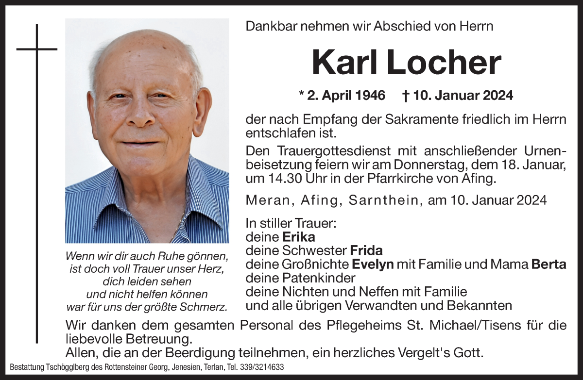  Traueranzeige für Karl Locher vom 17.01.2024 aus Dolomiten