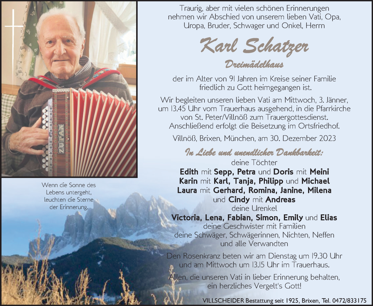  Traueranzeige für Karl Schatzer vom 02.01.2024 aus Dolomiten