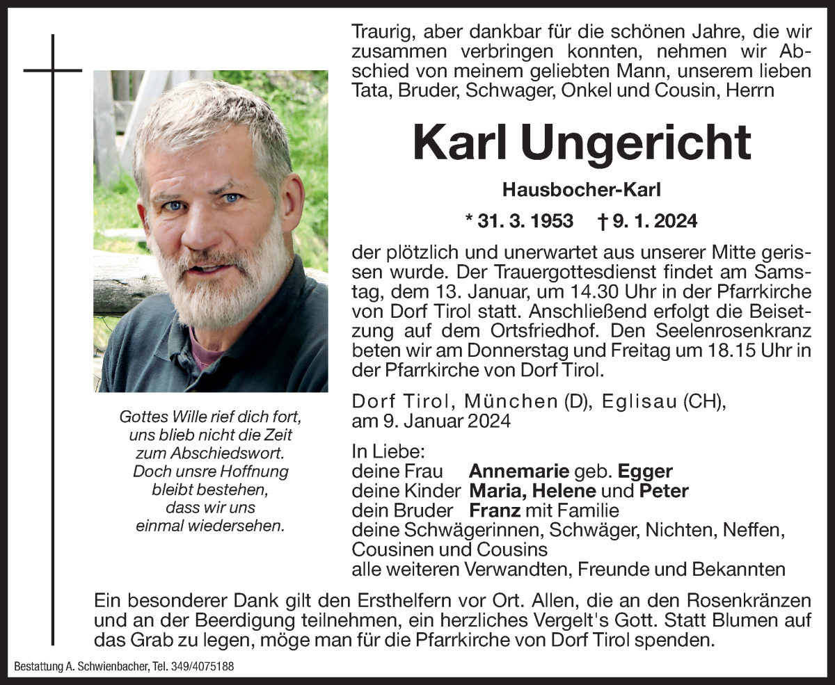  Traueranzeige für Karl Ungericht vom 11.01.2024 aus Dolomiten