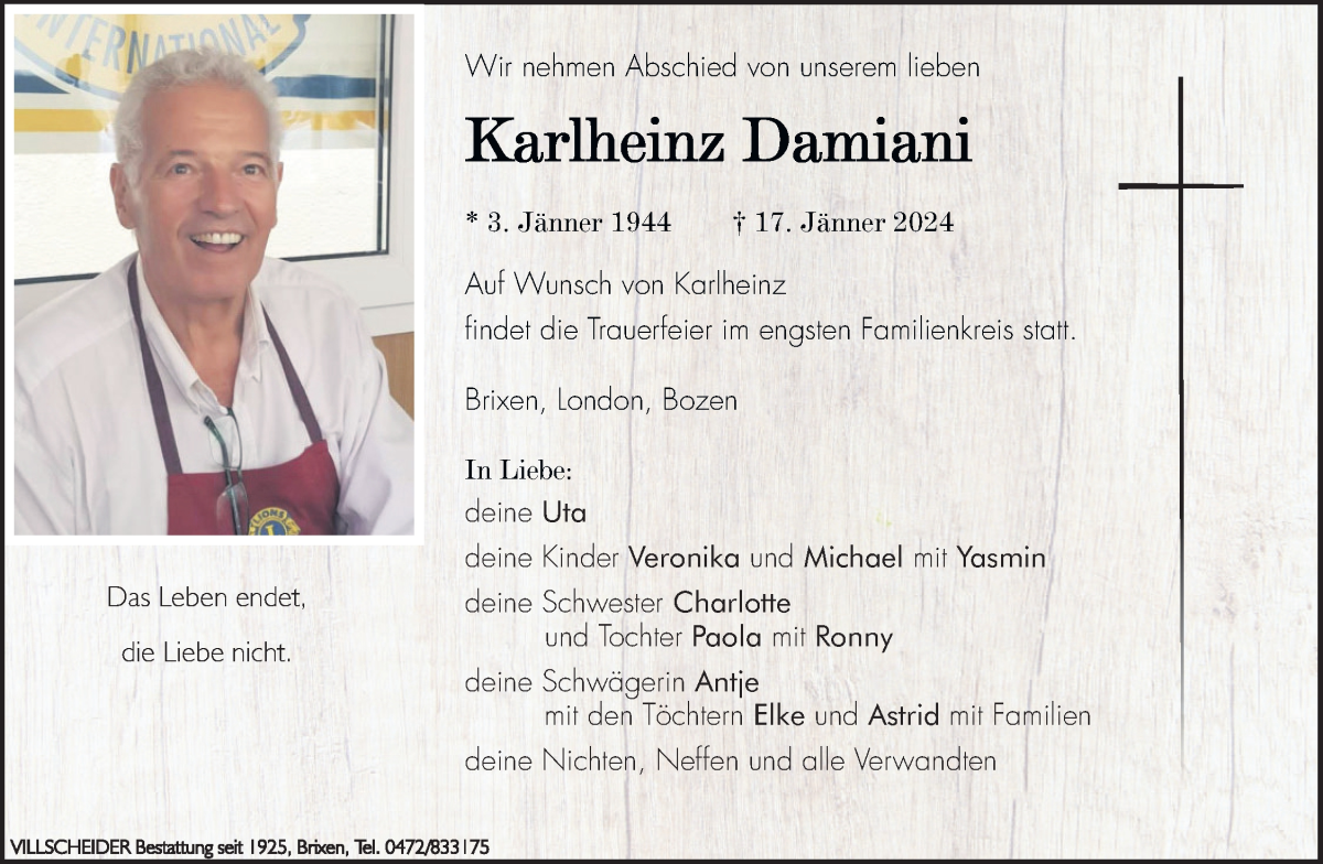  Traueranzeige für Karlheinz Damiani vom 19.01.2024 aus Dolomiten