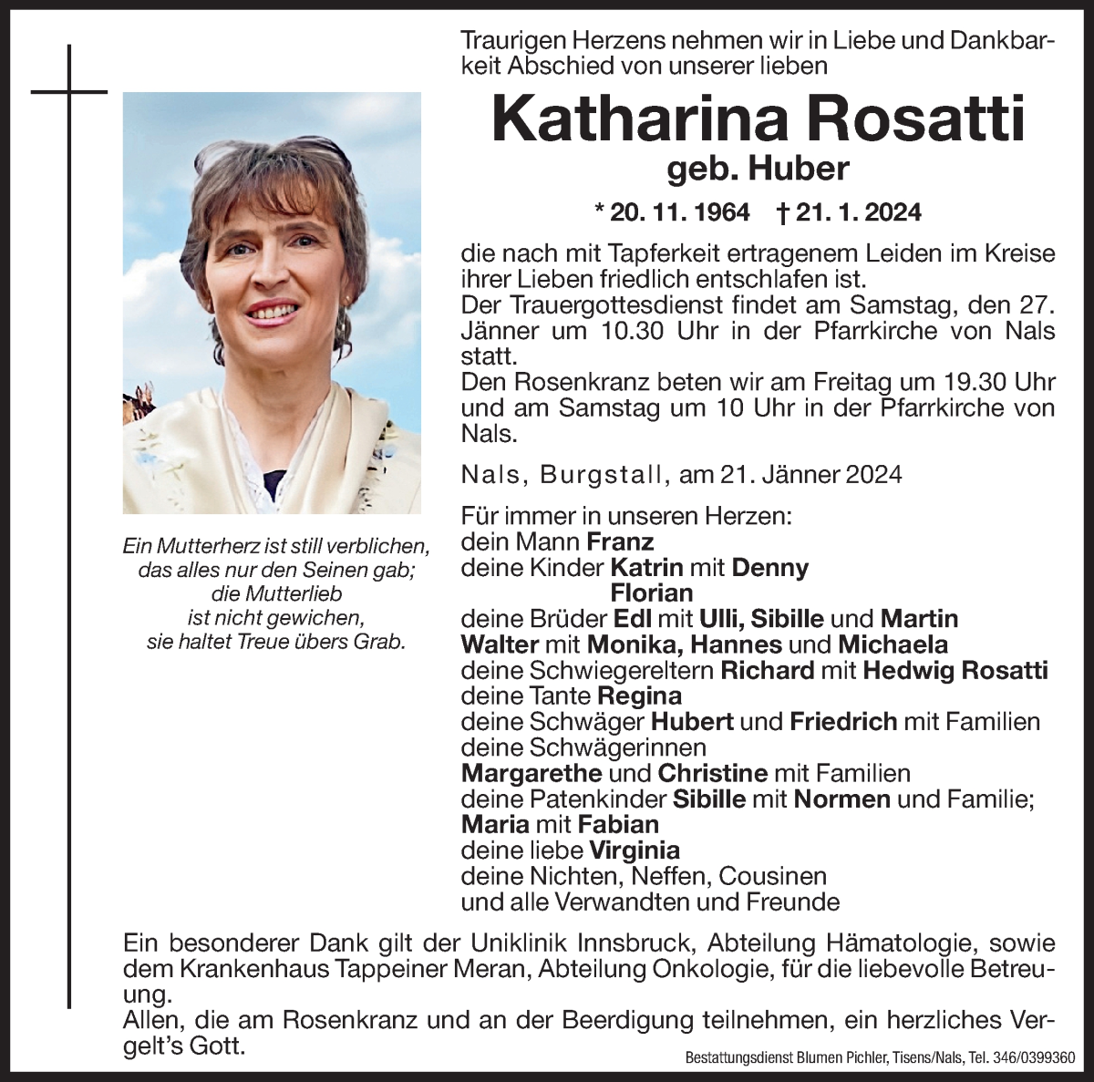 Traueranzeige für Katharina Rosatti vom 25.01.2024 aus Dolomiten