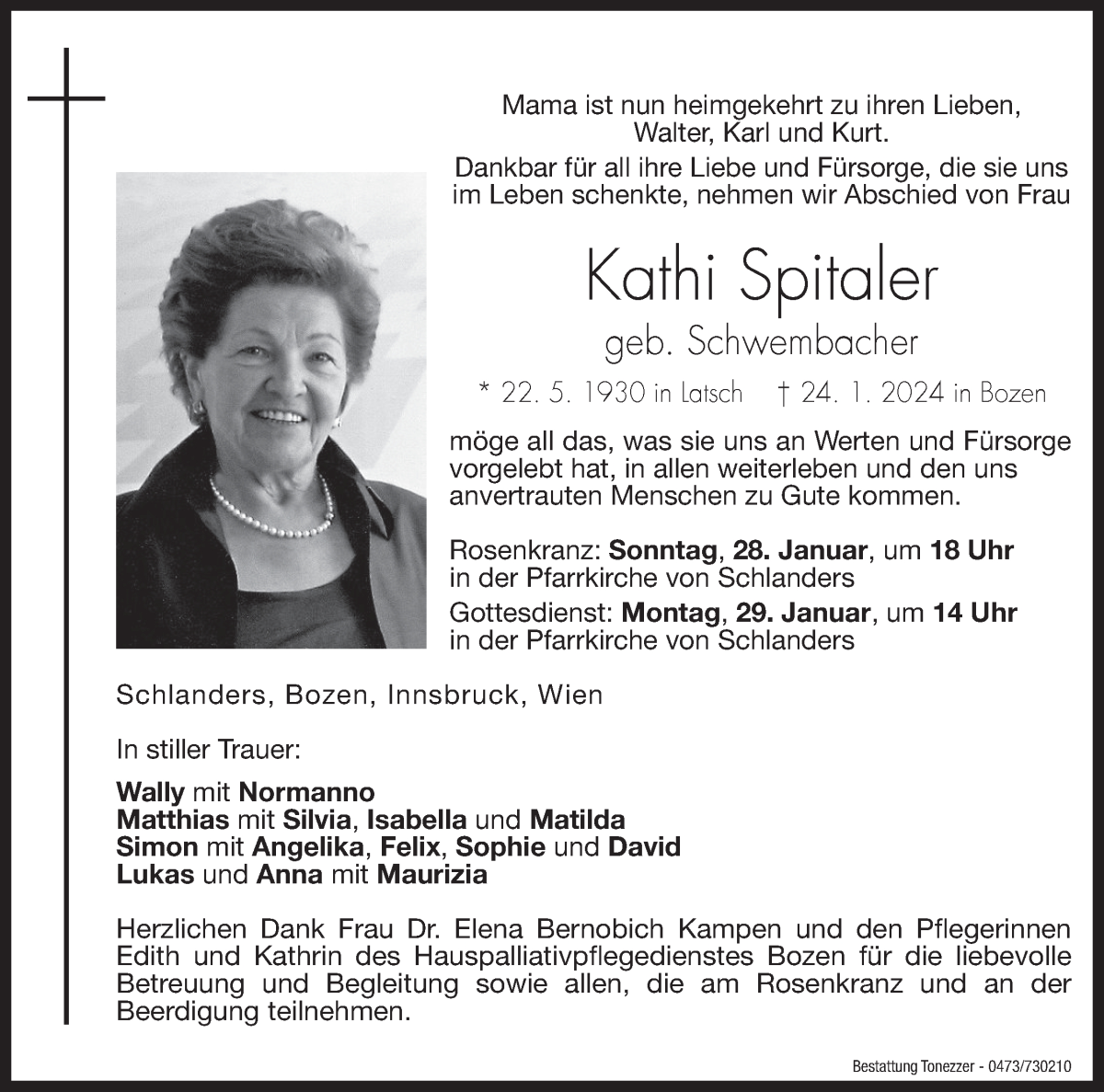  Traueranzeige für Kathi Spitaler vom 27.01.2024 aus Dolomiten