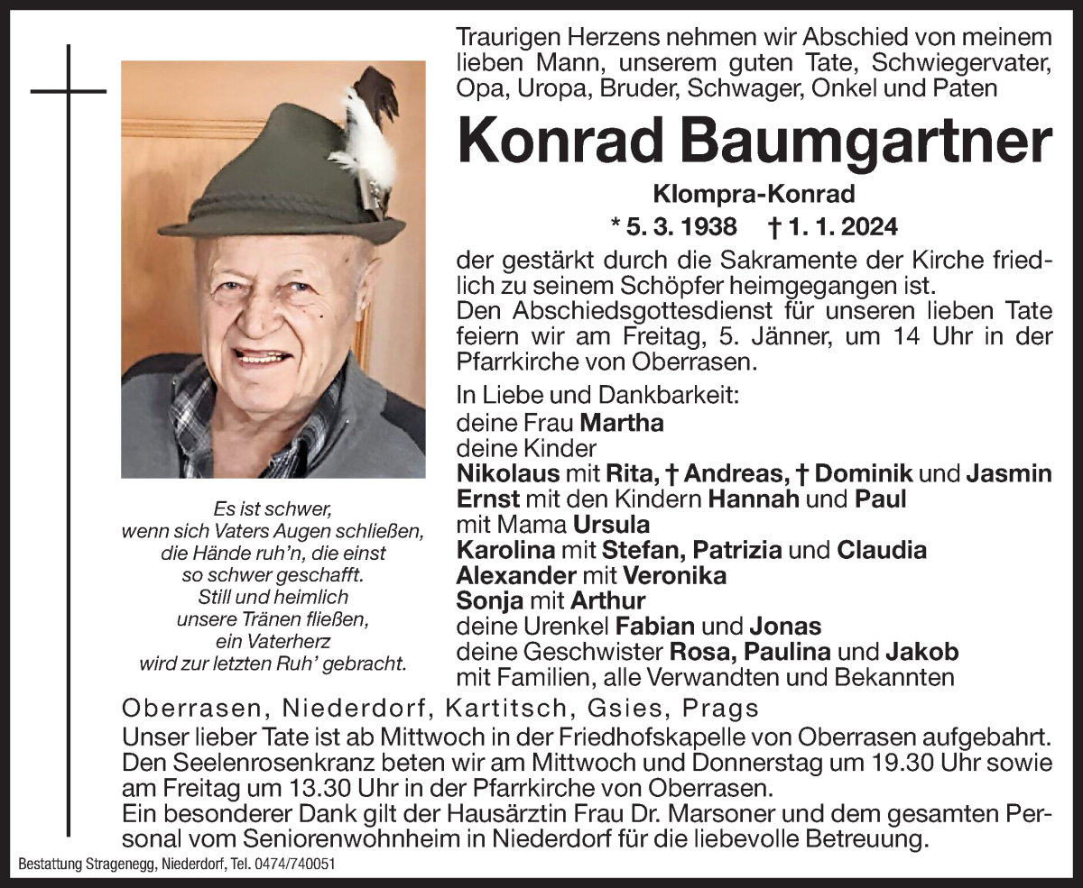  Traueranzeige für Konrad Baumgartner vom 03.01.2024 aus Dolomiten