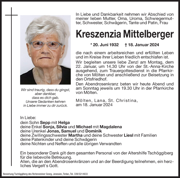 Traueranzeige von Kreszenzia Mittelberger von Dolomiten