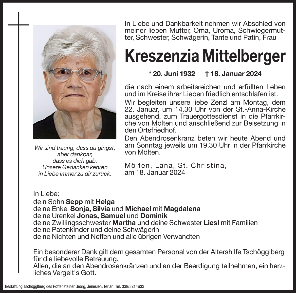  Traueranzeige für Kreszenzia Mittelberger vom 20.01.2024 aus Dolomiten