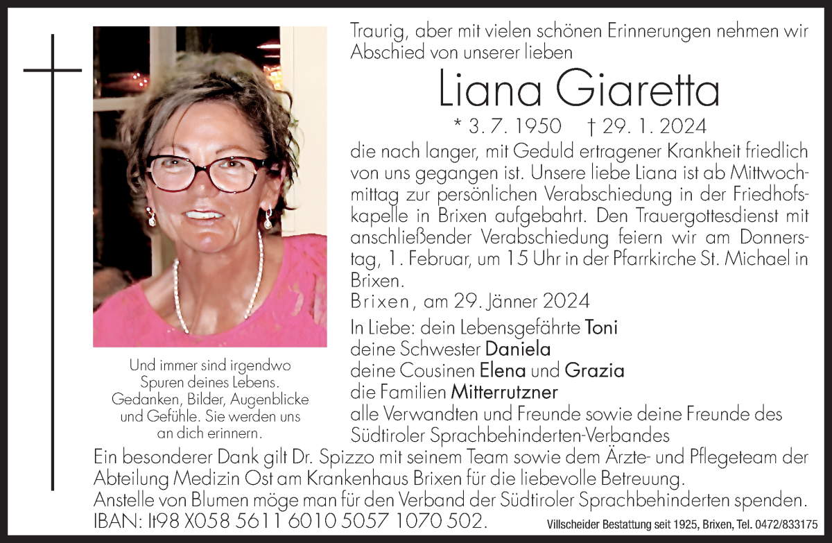 Traueranzeige für Liana Giaretta vom 31.01.2024 aus Dolomiten