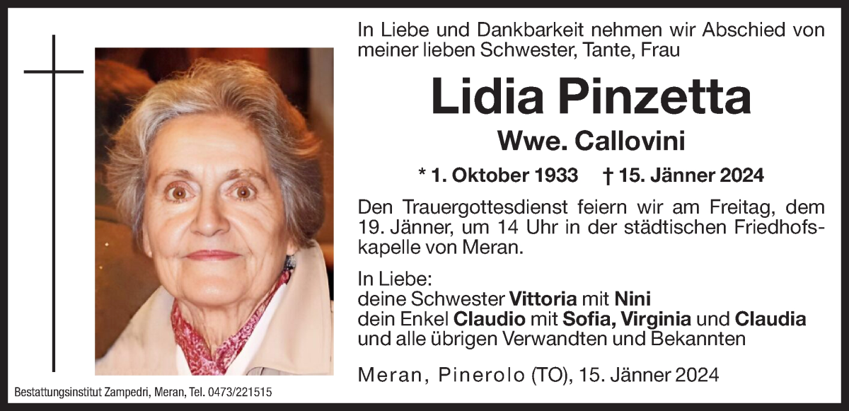  Traueranzeige für Lidia Callovini vom 18.01.2024 aus Dolomiten