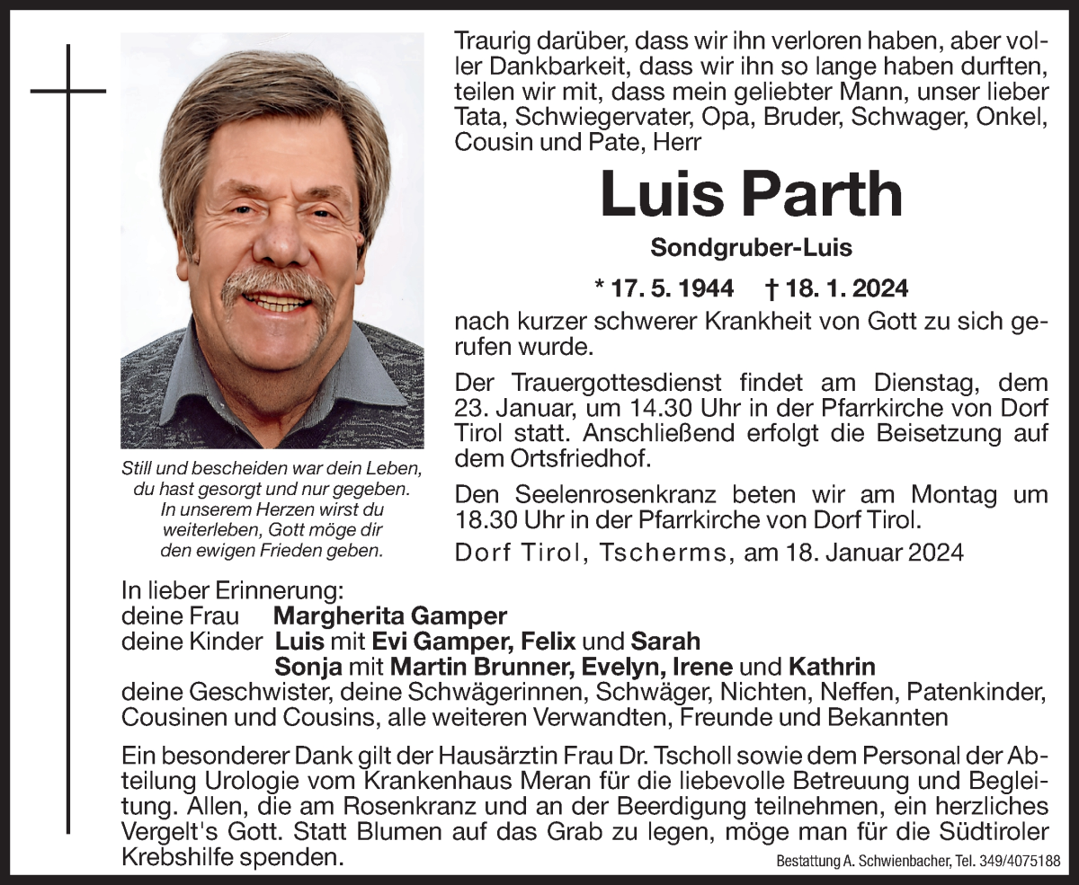  Traueranzeige für Luis Parth vom 20.01.2024 aus Dolomiten