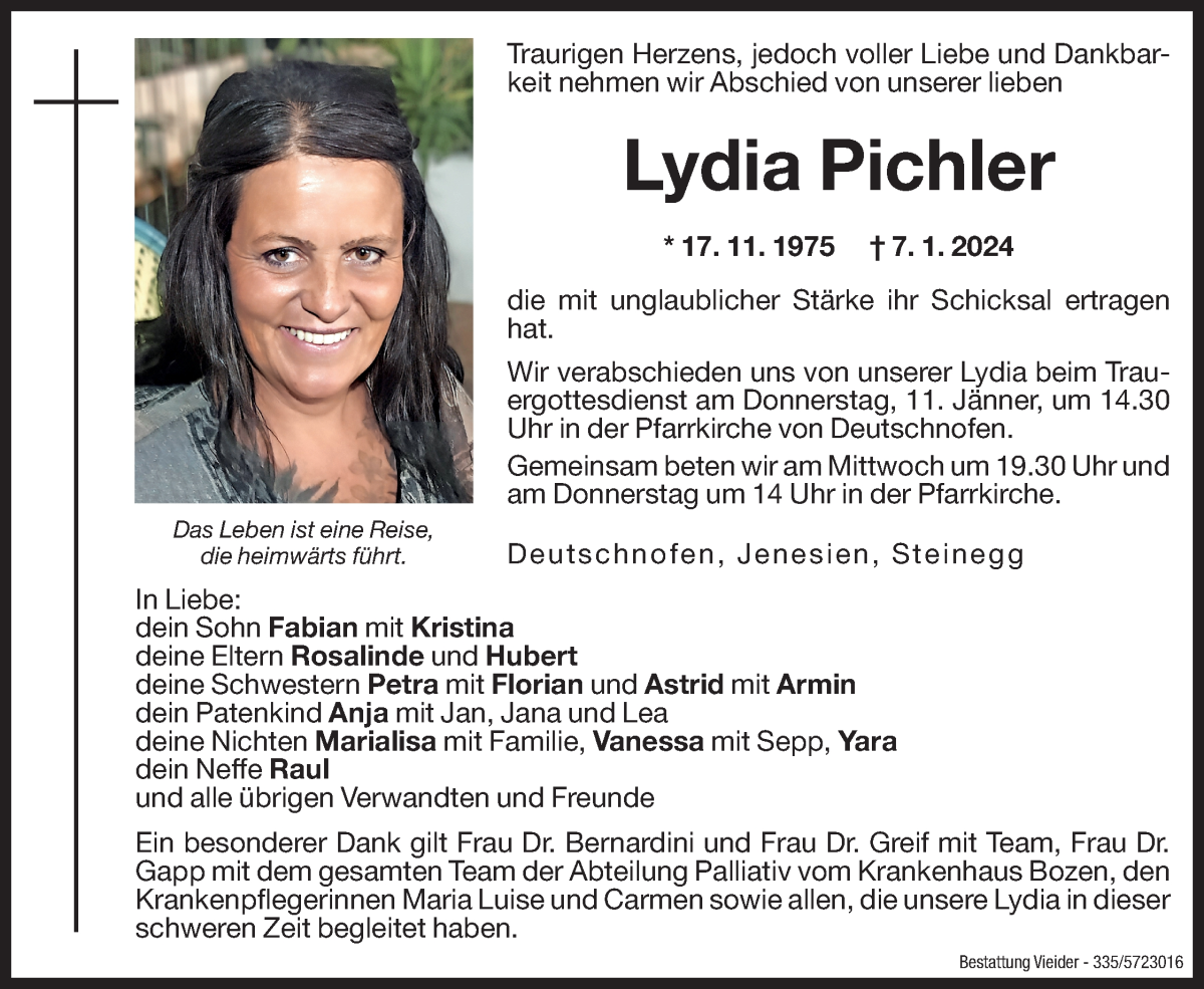  Traueranzeige für Lydia Pichler vom 09.01.2024 aus Dolomiten