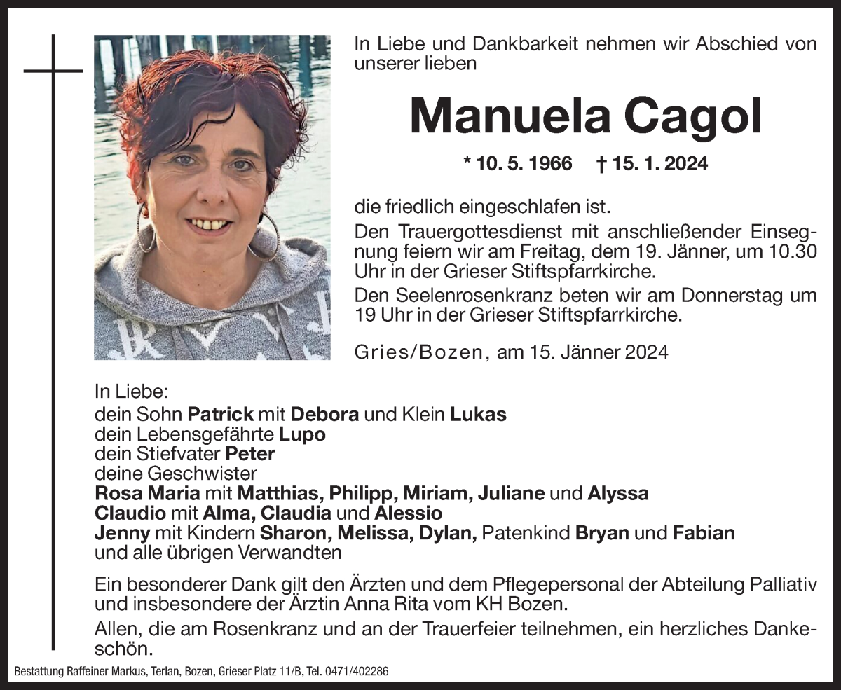  Traueranzeige für Manuela Cagol vom 17.01.2024 aus Dolomiten