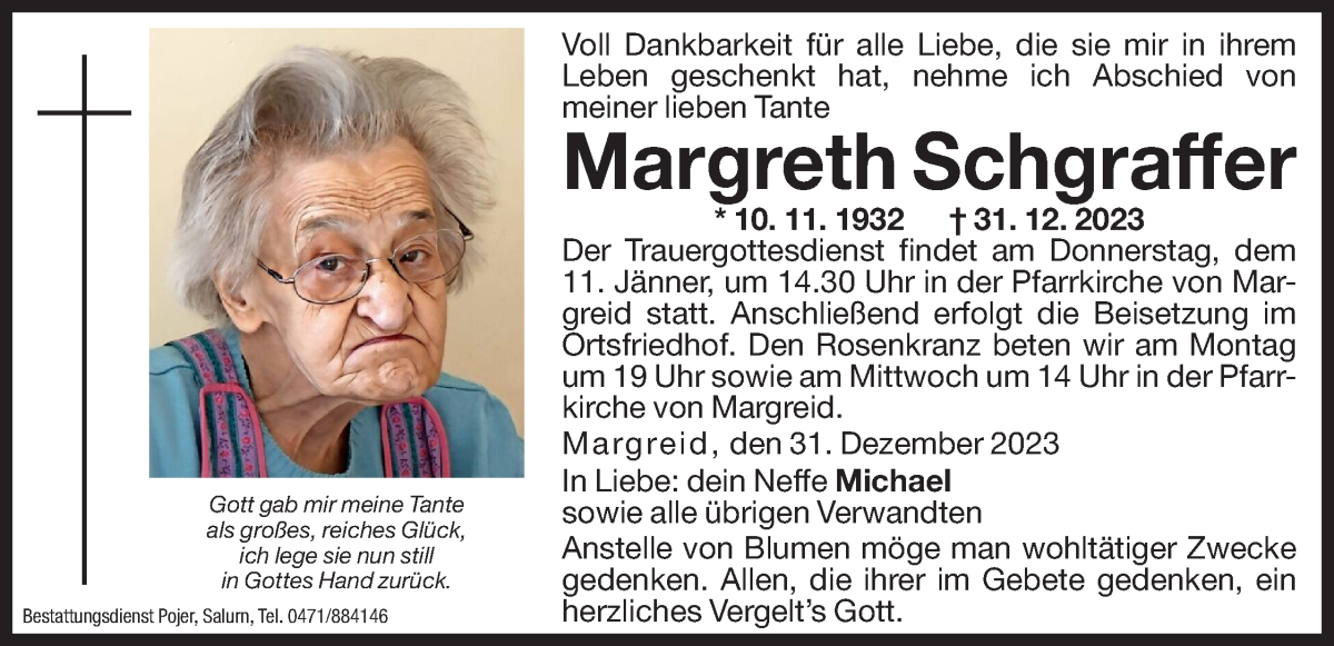  Traueranzeige für Margreth Schgraffer vom 05.01.2024 aus Dolomiten