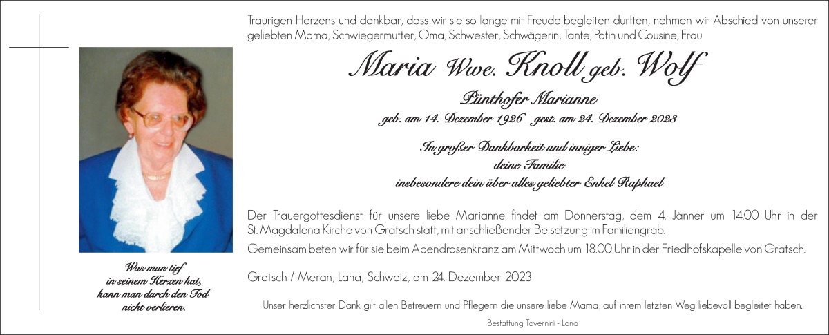  Traueranzeige für Maria Knoll vom 02.01.2024 aus Dolomiten
