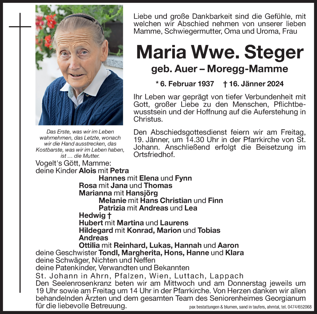  Traueranzeige für Maria Steger vom 17.01.2024 aus Dolomiten