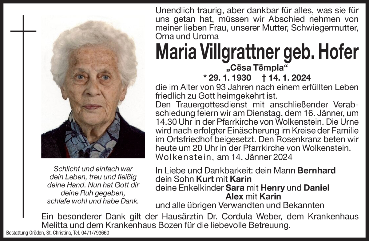  Traueranzeige für Maria Villgrattner vom 15.01.2024 aus Dolomiten