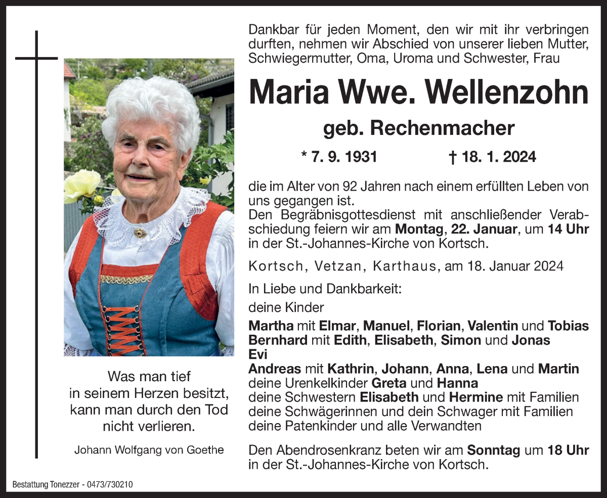  Traueranzeige für Maria Wellenzohn vom 20.01.2024 aus Dolomiten