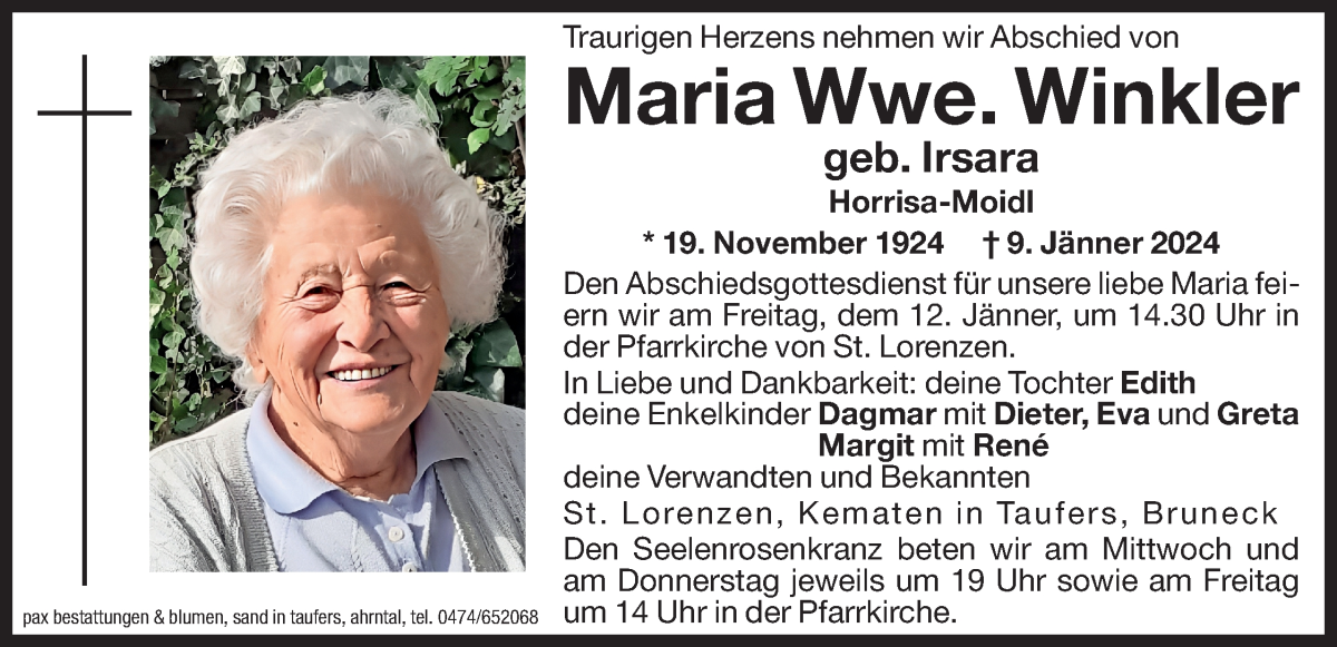  Traueranzeige für Maria Winkler vom 10.01.2024 aus Dolomiten