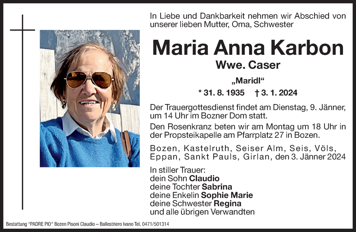  Traueranzeige für Maria Anna Caser vom 05.01.2024 aus Dolomiten