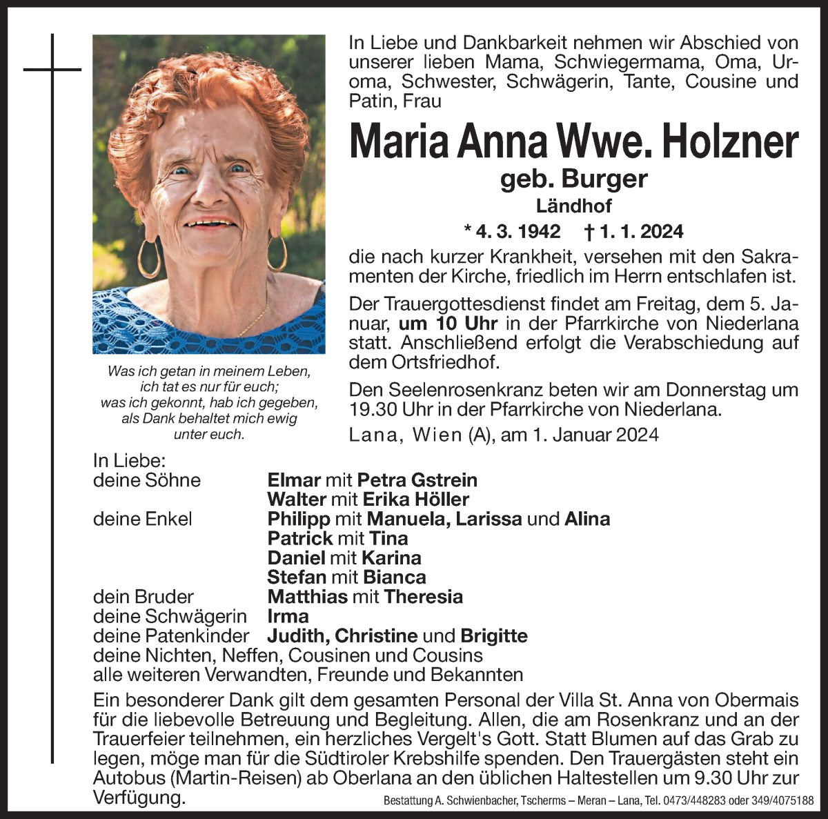  Traueranzeige für Maria Anna Holzner vom 03.01.2024 aus Dolomiten