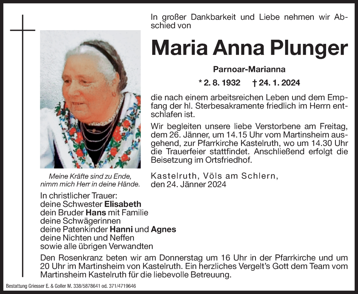  Traueranzeige für Maria Anna Plunger vom 25.01.2024 aus Dolomiten