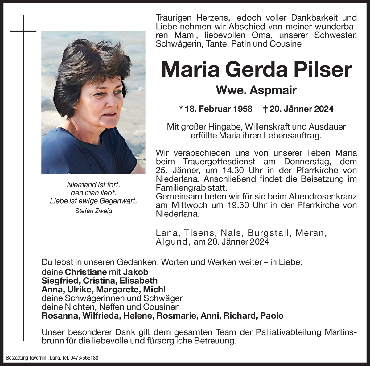  Traueranzeige für Maria Gerda Pilser Wwe. Aspmair vom 23.01.2024 aus Dolomiten