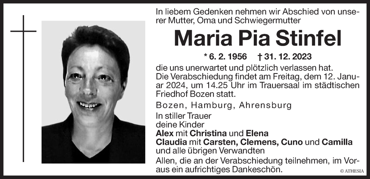  Traueranzeige für Maria Pia Stinfel vom 09.01.2024 aus Dolomiten