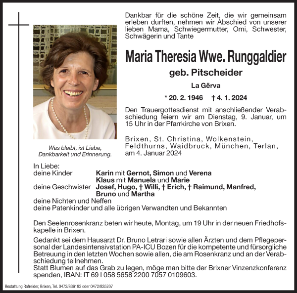 Traueranzeige von Maria Theresia Runggaldier von Dolomiten