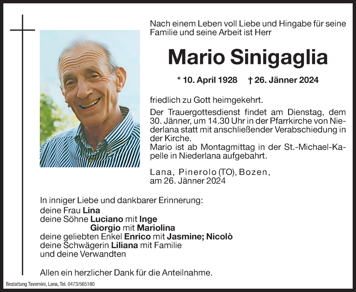  Traueranzeige für Mario Sinigaglia vom 29.01.2024 aus Dolomiten