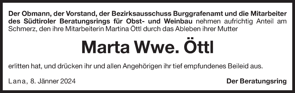  Traueranzeige für Marta Öttl vom 09.01.2024 aus Dolomiten