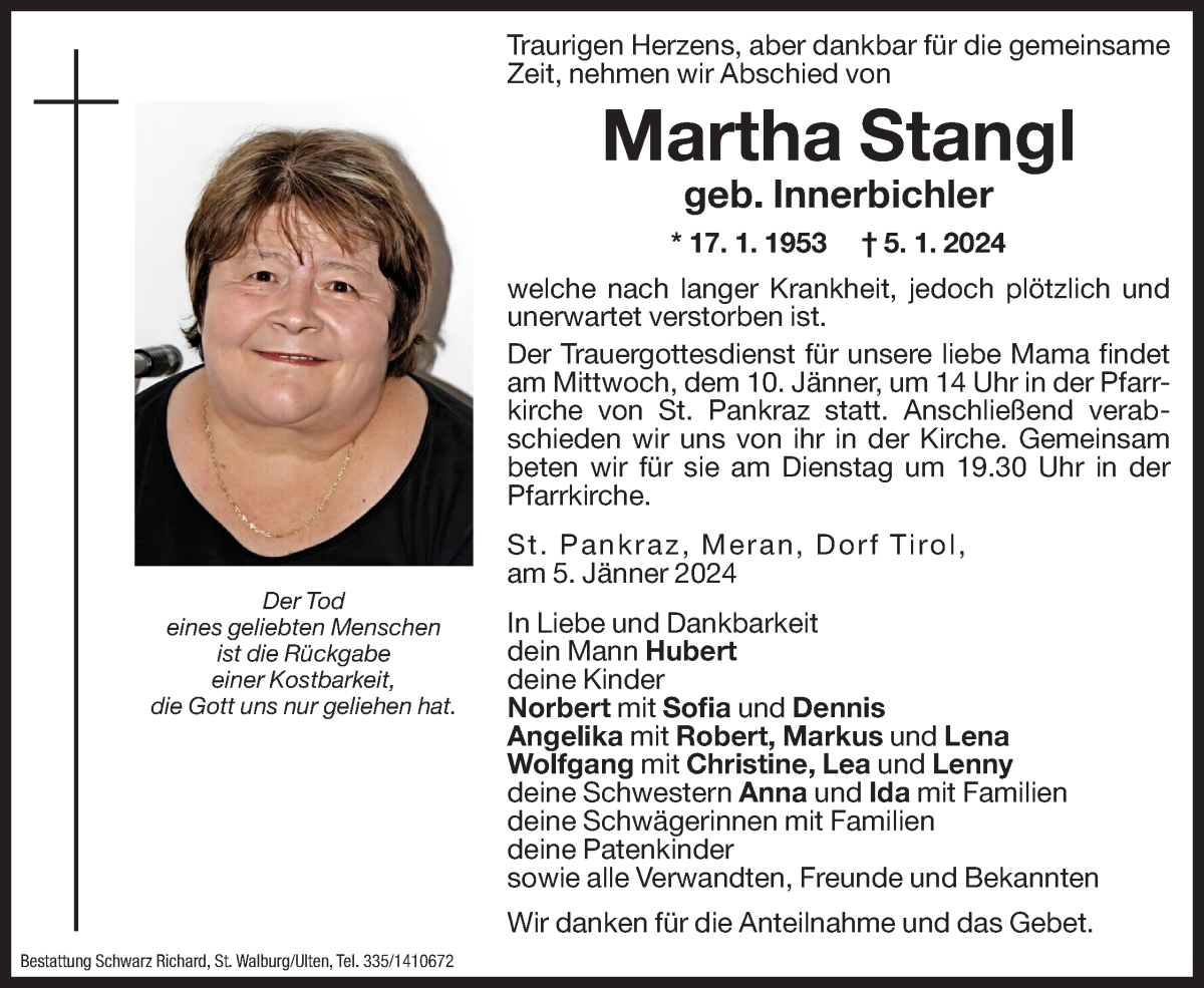  Traueranzeige für Martha Stangl vom 08.01.2024 aus Dolomiten