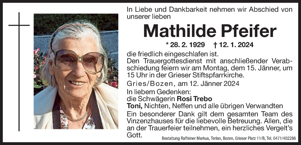  Traueranzeige für Mathilde Pfeifer vom 13.01.2024 aus Dolomiten