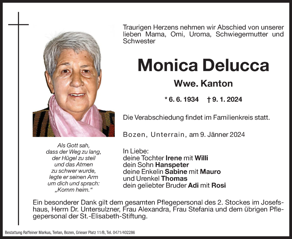  Traueranzeige für Monica Kanton vom 10.01.2024 aus Dolomiten