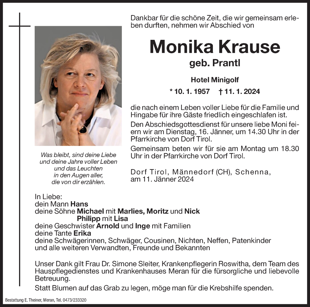  Traueranzeige für Monika Krause vom 13.01.2024 aus Dolomiten