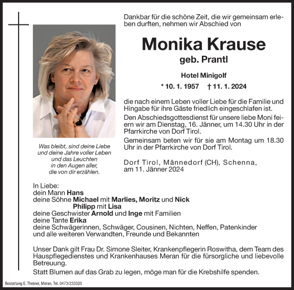 Traueranzeige von Monika Krause von Dolomiten