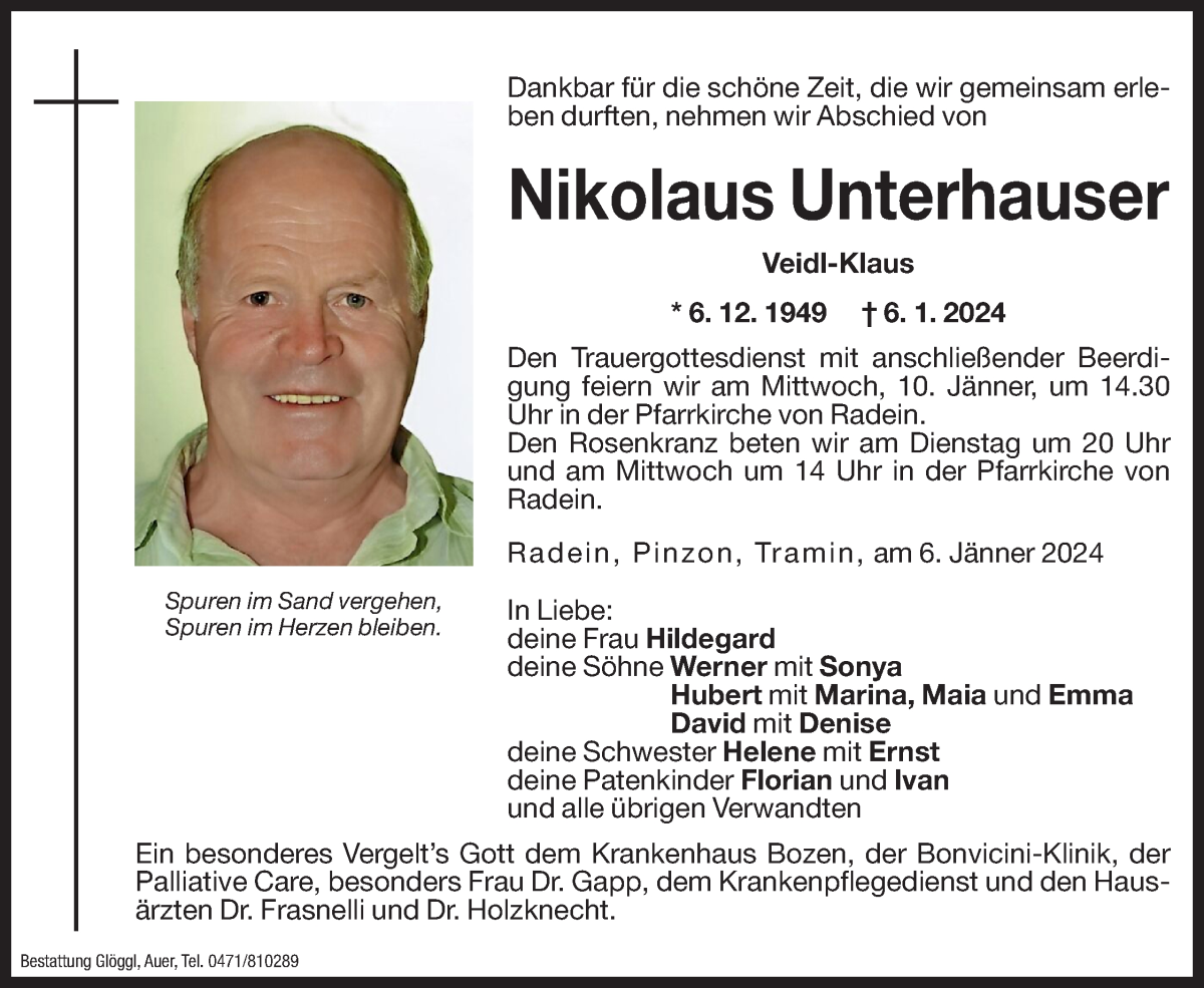  Traueranzeige für Nikolaus Unterhauser vom 08.01.2024 aus Dolomiten