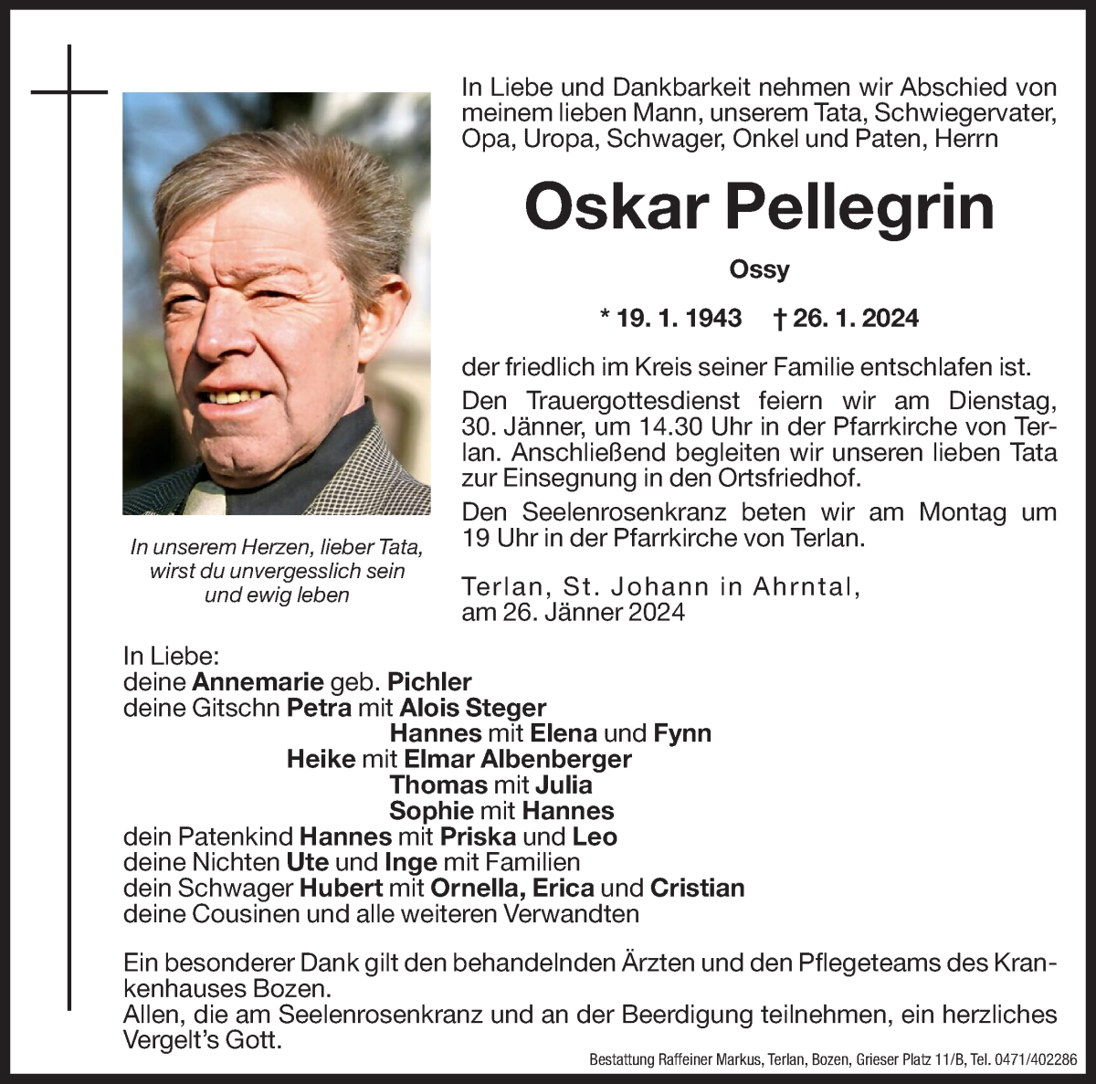  Traueranzeige für Oskar Pellegrin vom 27.01.2024 aus Dolomiten