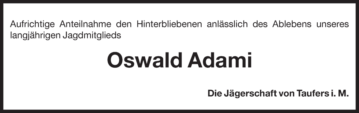  Traueranzeige für Oswald Adami vom 04.01.2024 aus Dolomiten
