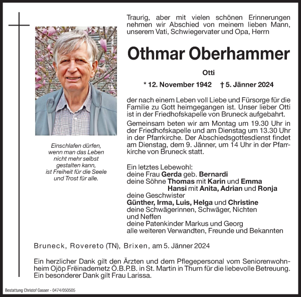 Traueranzeige von Othmar Oberhammer von Dolomiten