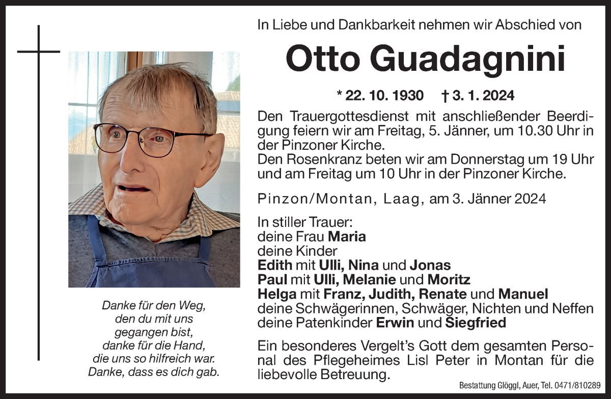  Traueranzeige für Otto Guadagnini vom 04.01.2024 aus Dolomiten