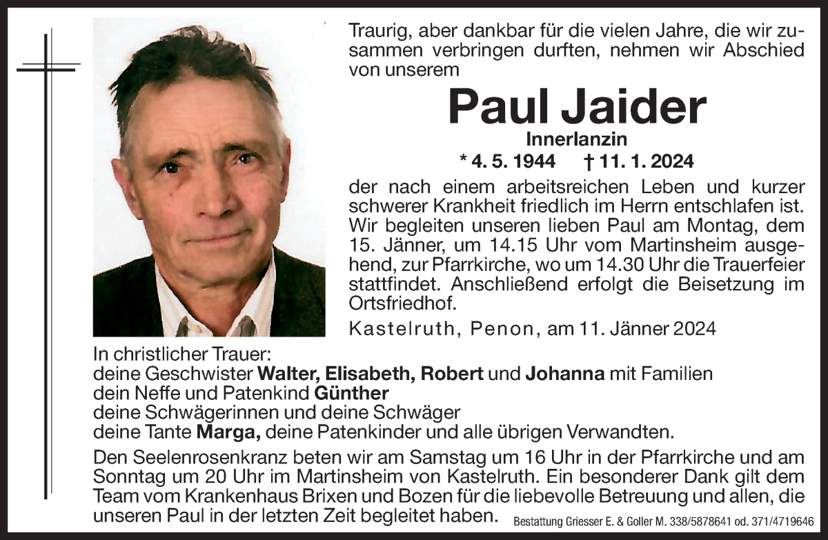  Traueranzeige für Paul Jaider vom 12.01.2024 aus Dolomiten
