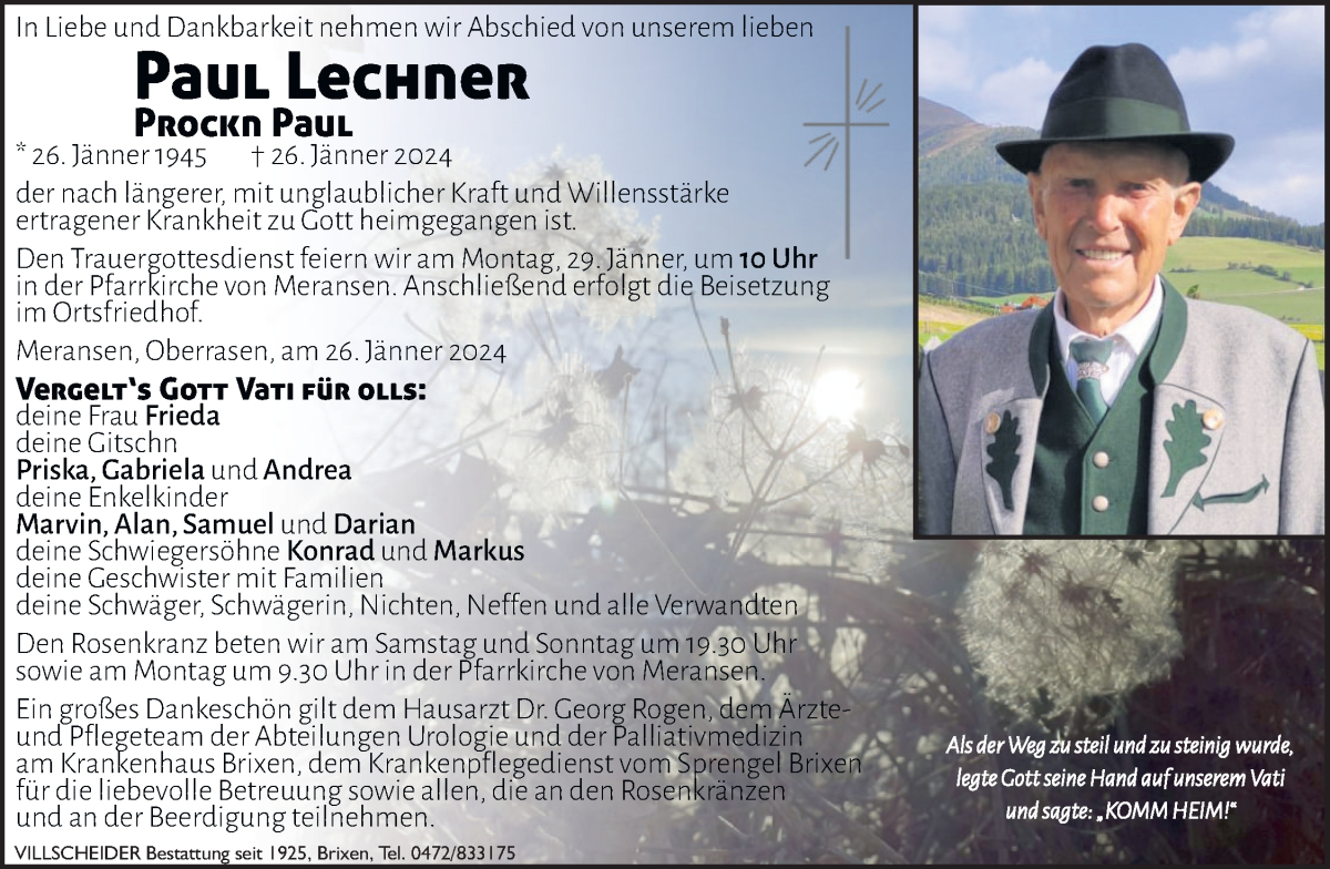  Traueranzeige für Paul Lechner vom 27.01.2024 aus Dolomiten