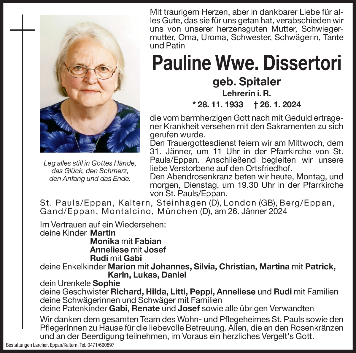  Traueranzeige für Pauline Dissertori vom 29.01.2024 aus Dolomiten